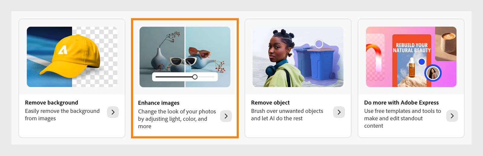 Adobe Photoshop Express-interface met opties om te beginnen met het bewerken van afbeeldingen met de opties Achtergrond verwijderen, Afbeeldingen verbeteren, Objecten verwijderen en Meer doen met Adobe Expres.