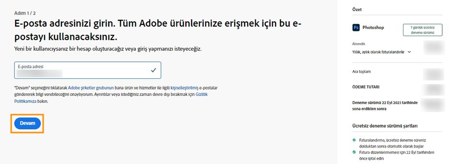 E-posta adresinizi girin ve devam seçeneğini belirleyin