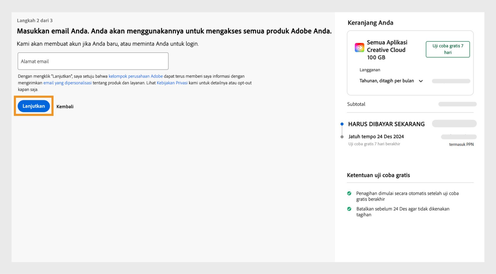 Jendela Masukkan email Anda menunjukkan area untuk memasukkan alamat email, rincian paket, dan pilihan untuk melanjutkan atau kembali. 