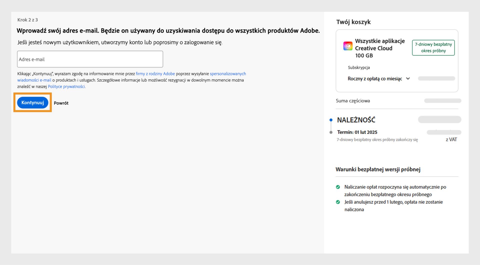 Okno Wprowadź adres e-mail zawiera pole do wpisania adresu e-mail, szczegółów planu oraz opcje kontynuowania lub przejścia wstecz. 