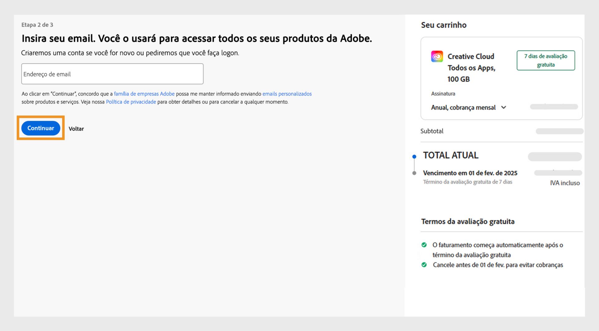 A janela Insira seu email mostra a área para inserir seu endereço de email, os detalhes do seu plano e as opções para continuar ou voltar. 