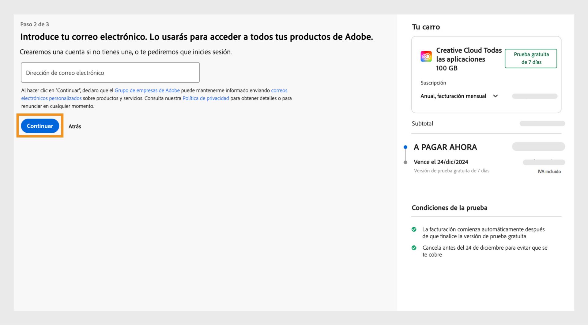 La ventana Indique su correo electrónico muestra la zona en la que hay que introducir la dirección de correo electrónico, los detalles del plan y las opciones para continuar o volver. 