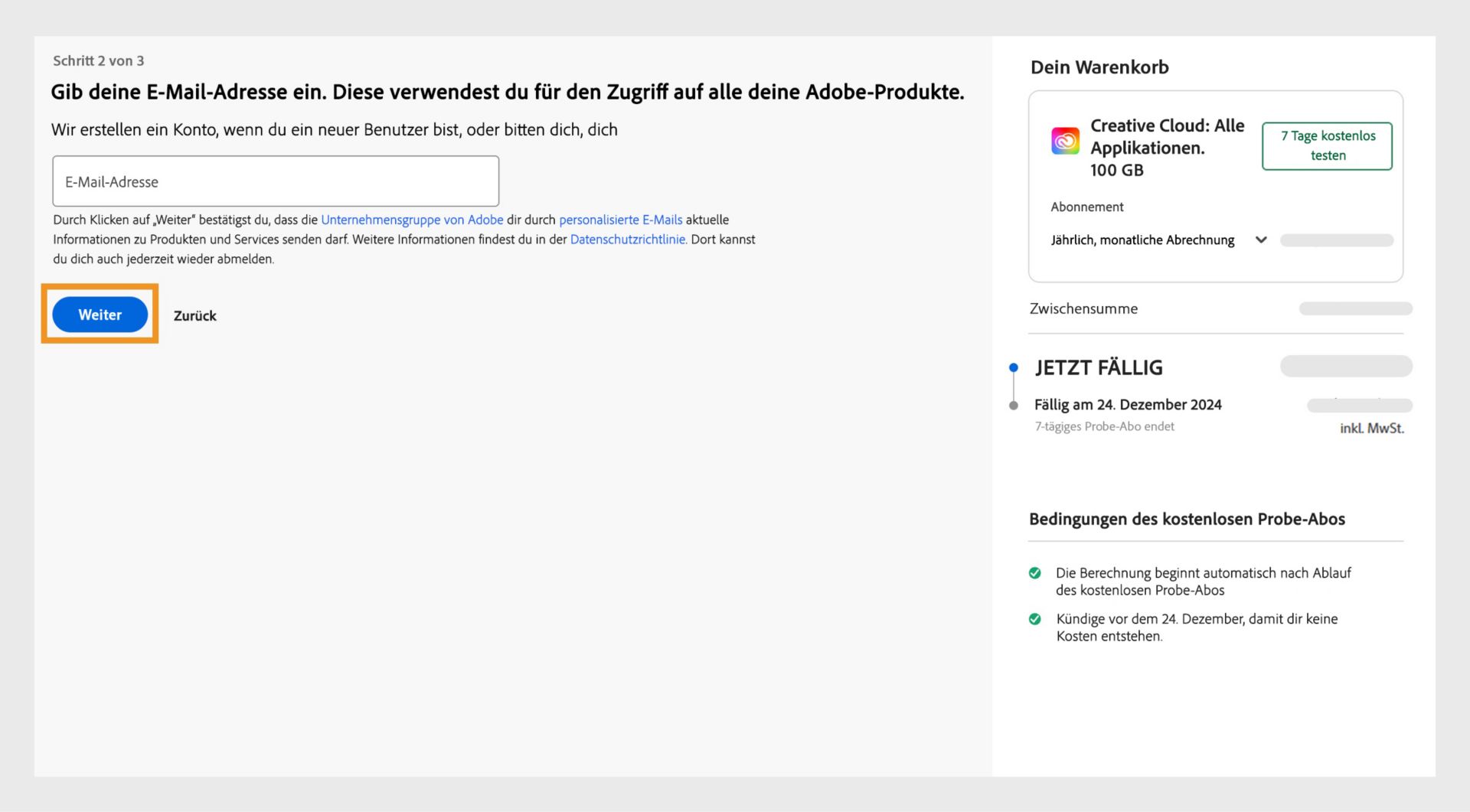 Das Fenster „Gib unten deine E‑Mail-Adresse ein.“ zeigt den Bereich, in dem du deine E-Mail-Adresse und deine Abonnementdetails eingeben kannst, sowie die Schaltflächen „Weiter“ und „Zurück“. 