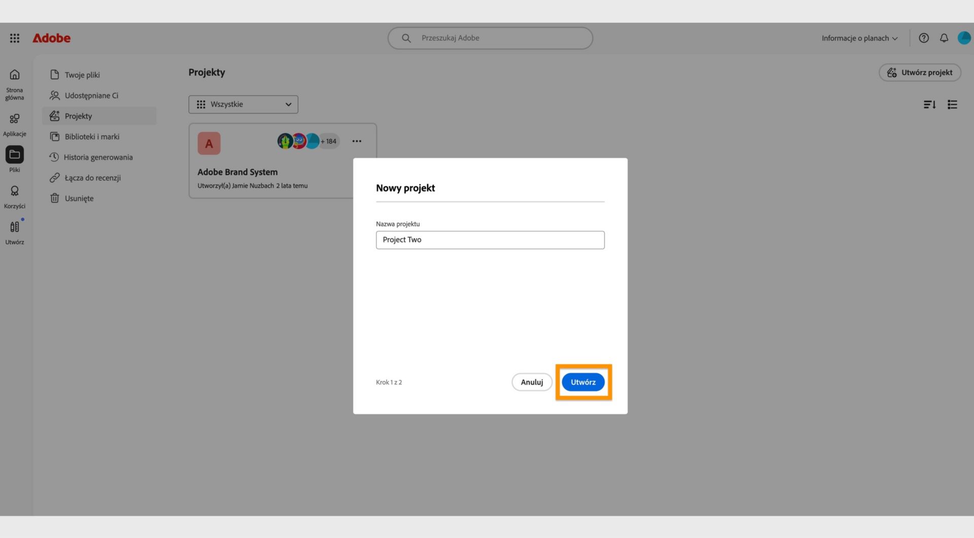 Przycisk Utwórz, dostępny w prawym dolnym rogu okna Nowy projekt, umożliwia utworzenie nowego projektu po wprowadzeniu nazwy projektu. 