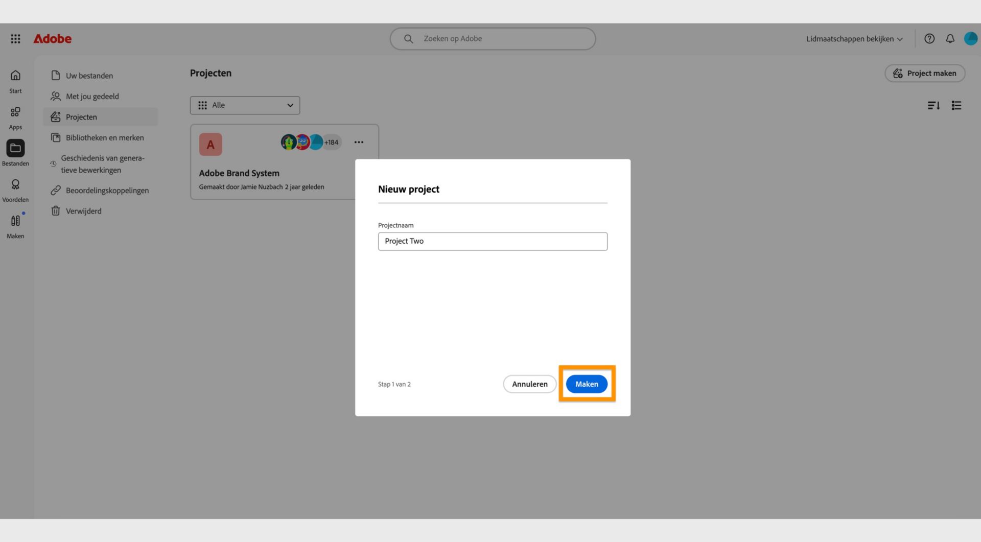 De button Maken, beschikbaar in de rechteronderhoek van het venster Nieuw Project, stelt je in staat om een nieuw Project te maken na het invoeren van een projectnaam. 
