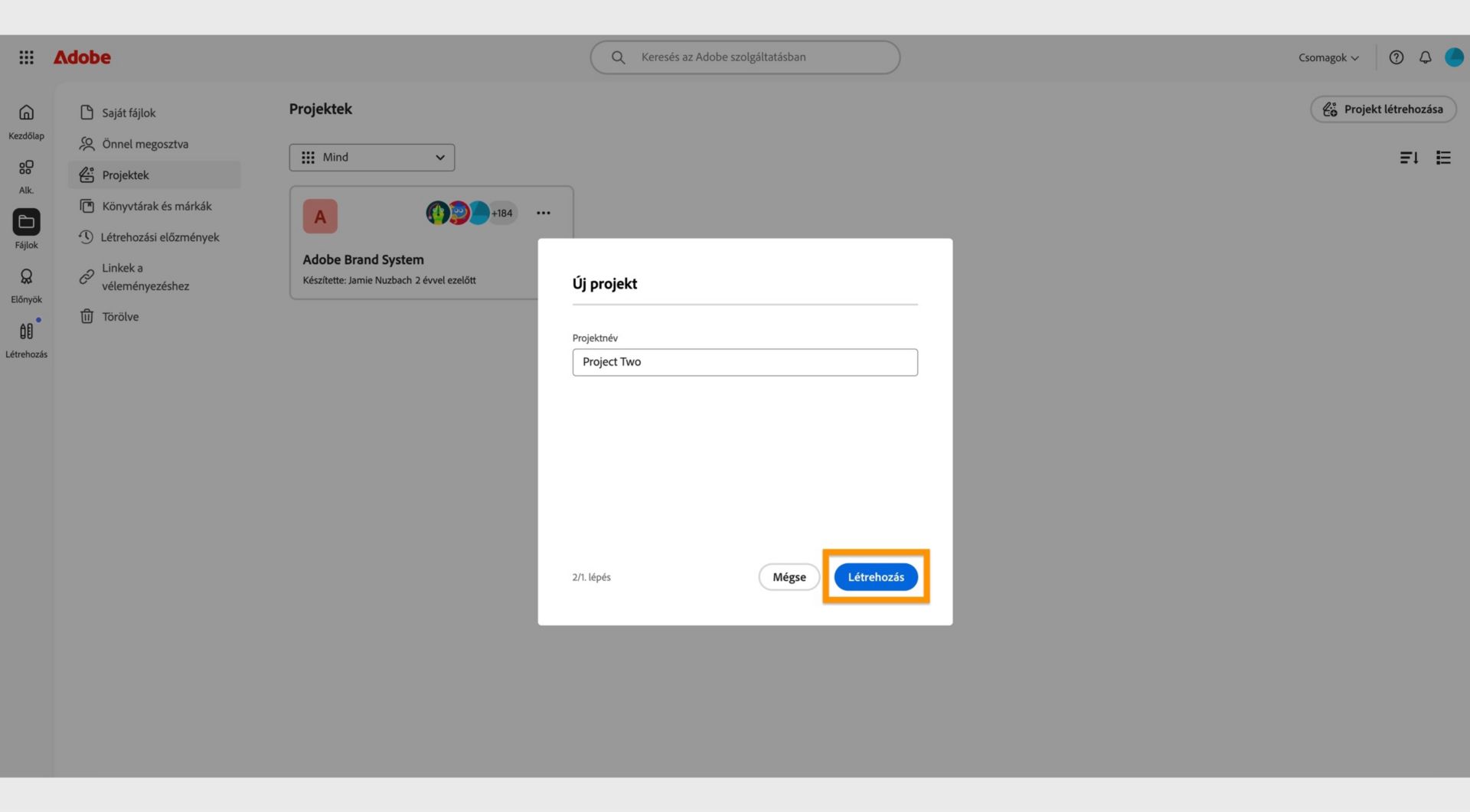 Az Új projekt ablak jobb alsó sarkában elérhető Létrehozás gomb lehetővé teszi új projekt létrehozását a projekt nevének megadása után. 