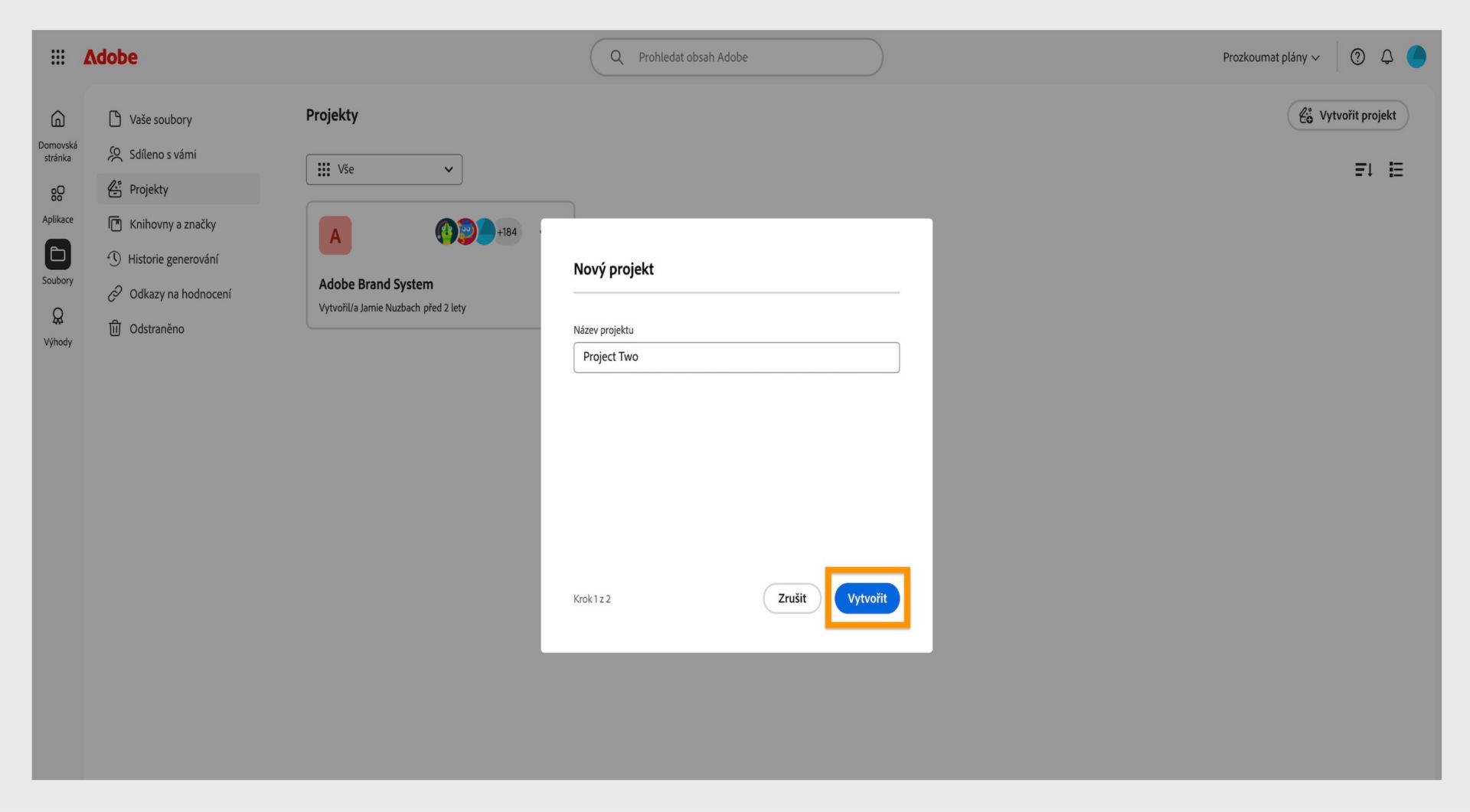 Tlačítko Vytvořit, dostupné v pravém dolním rohu okna Nový projekt, vám umožňuje vytvořit nový projekt po zadání názvu projektu. 