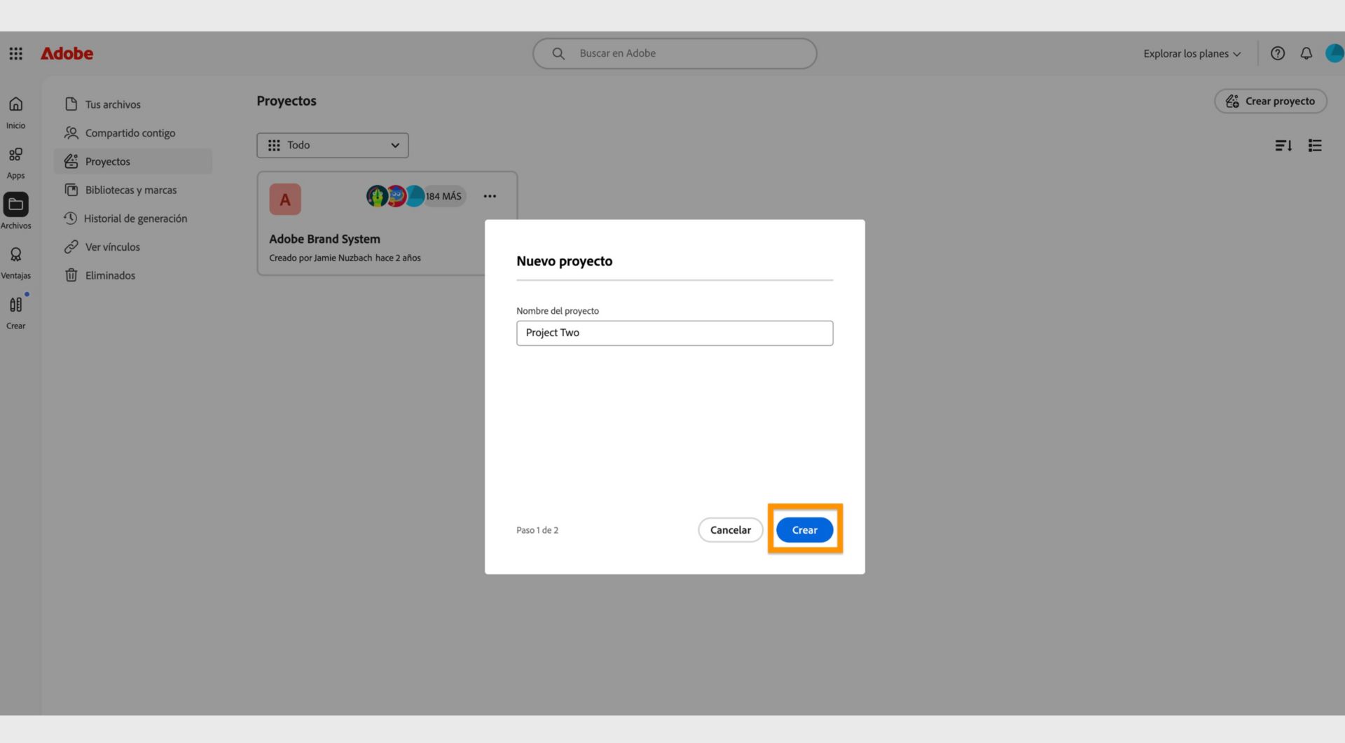 El botón Crear, disponible en la esquina inferior derecha de la ventana Nuevo proyecto, permite crear un nuevo proyecto después de introducir un nombre de proyecto. 