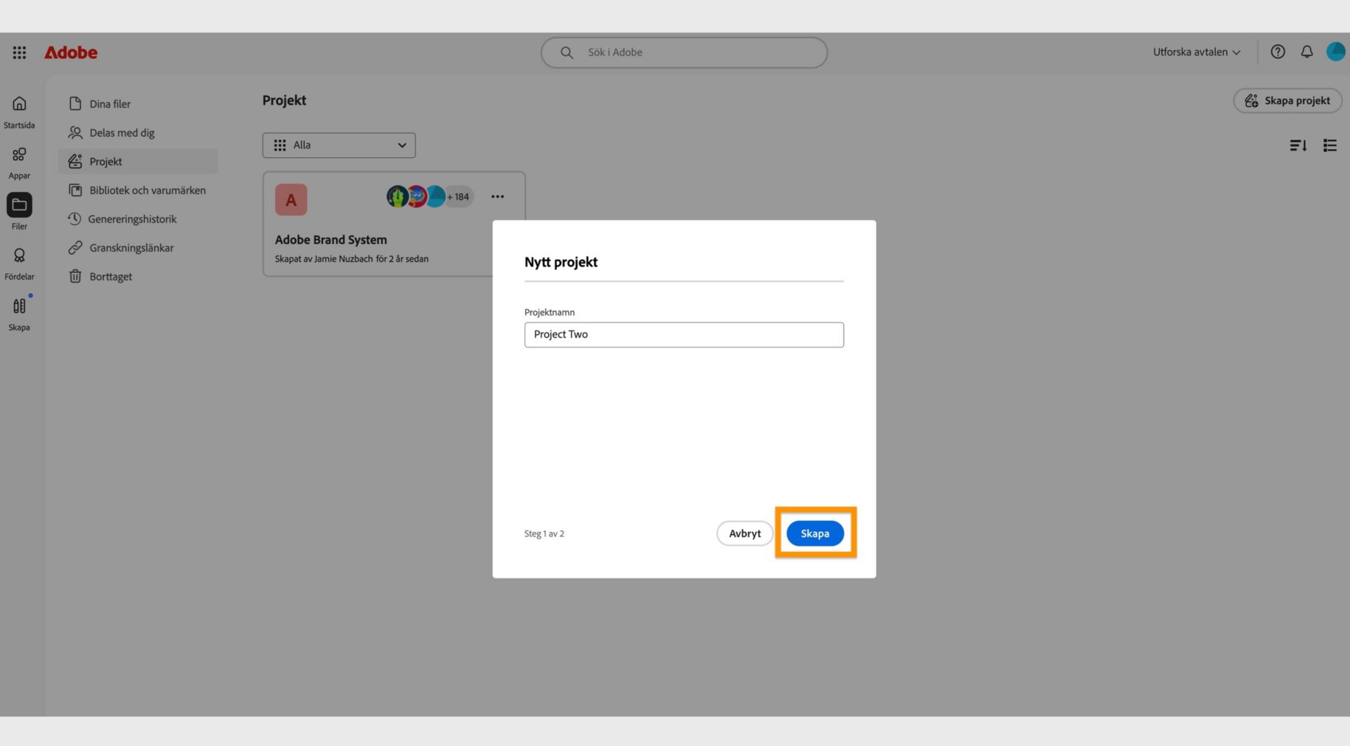 Knappen Skapa, som finns i det nedre högra hörnet av fönstret Nytt projekt, gör att du kan skapa ett nytt projekt efter att du angett ett projektnamn. 