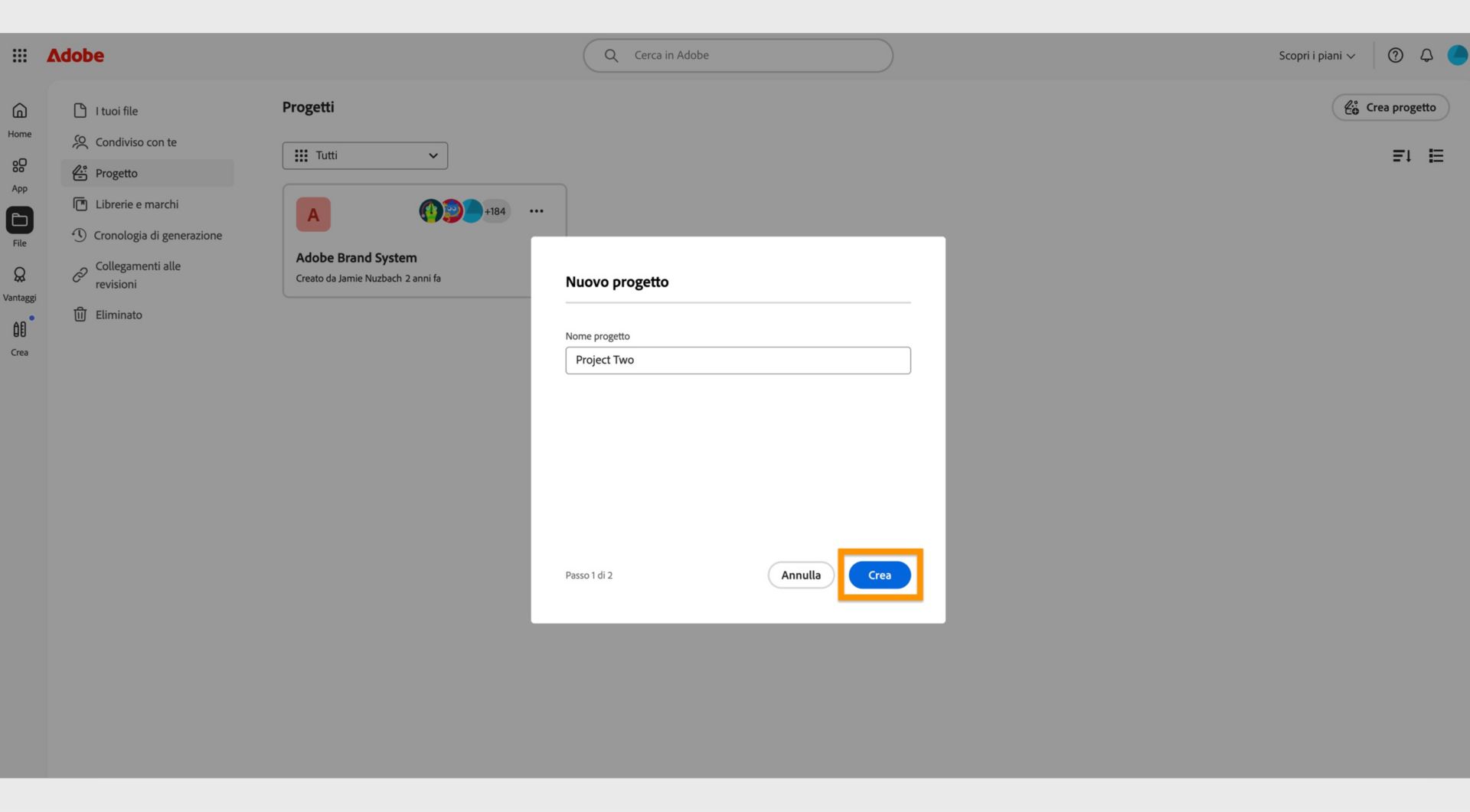 Il pulsante Crea, disponibile nell'angolo in basso a destra della finestra Nuovo progetto, ti consente di creare un nuovo progetto dopo aver immesso un nome per il progetto. 