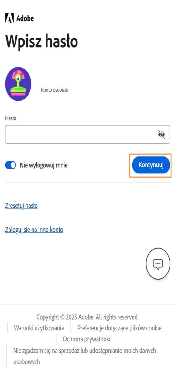 Przycisk Kontynuuj, dostępny w oknie Wprowadź hasło aplikacji Adobe Account Access, umożliwia zalogowanie się po wprowadzeniu hasła do konta. 