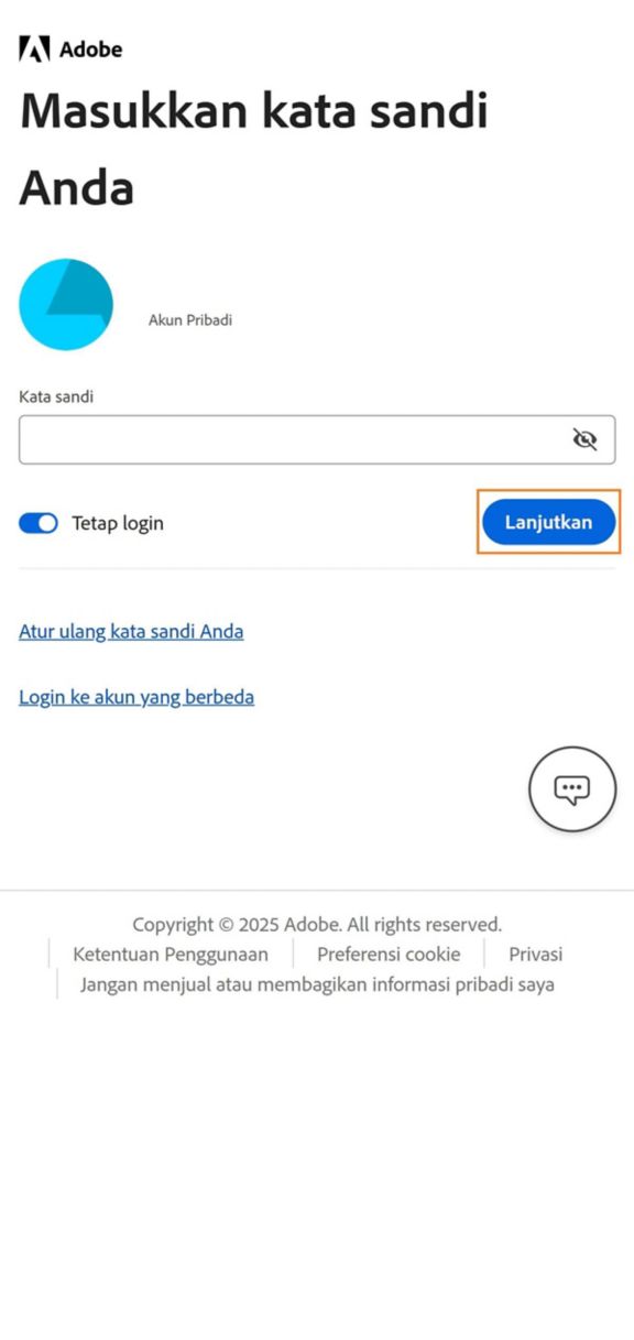 Tombol Lanjutkan, tersedia di jendela Masukkan kata sandi Anda dari aplikasi Adobe Account Access, memungkinkan Anda login setelah memasukkan kata sandi akun Anda.