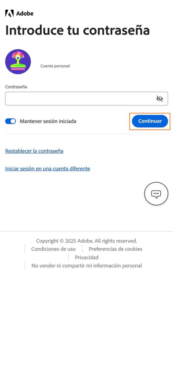 El botón Continuar, disponible en la ventana Introducir su contraseña de la aplicación Adobe Account Access, le permite iniciar sesión después de haber introducido la contraseña de su cuenta. 