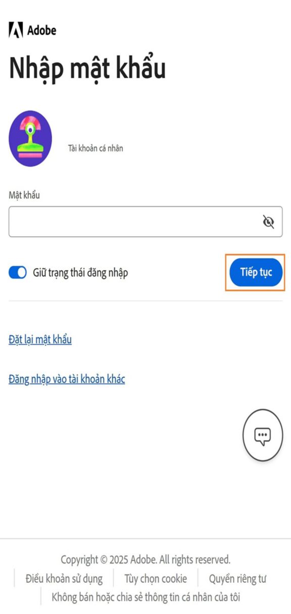 Nút Tiếp tục trong cửa sổ Nhập mật khẩu của ứng dụng Adobe Account Access cho phép bạn đăng nhập sau khi nhập mật khẩu tài khoản. 