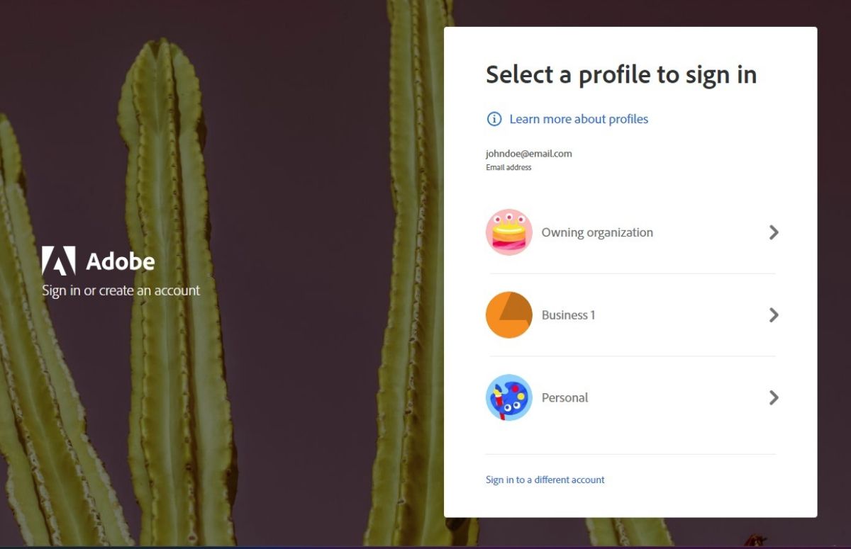 Görüntüde, Adobe Select'te birden fazla profil arasından seçim yapılabilecek bir iletişim kutusu bulunan ekranda giriş yapılacak profil görünüyor