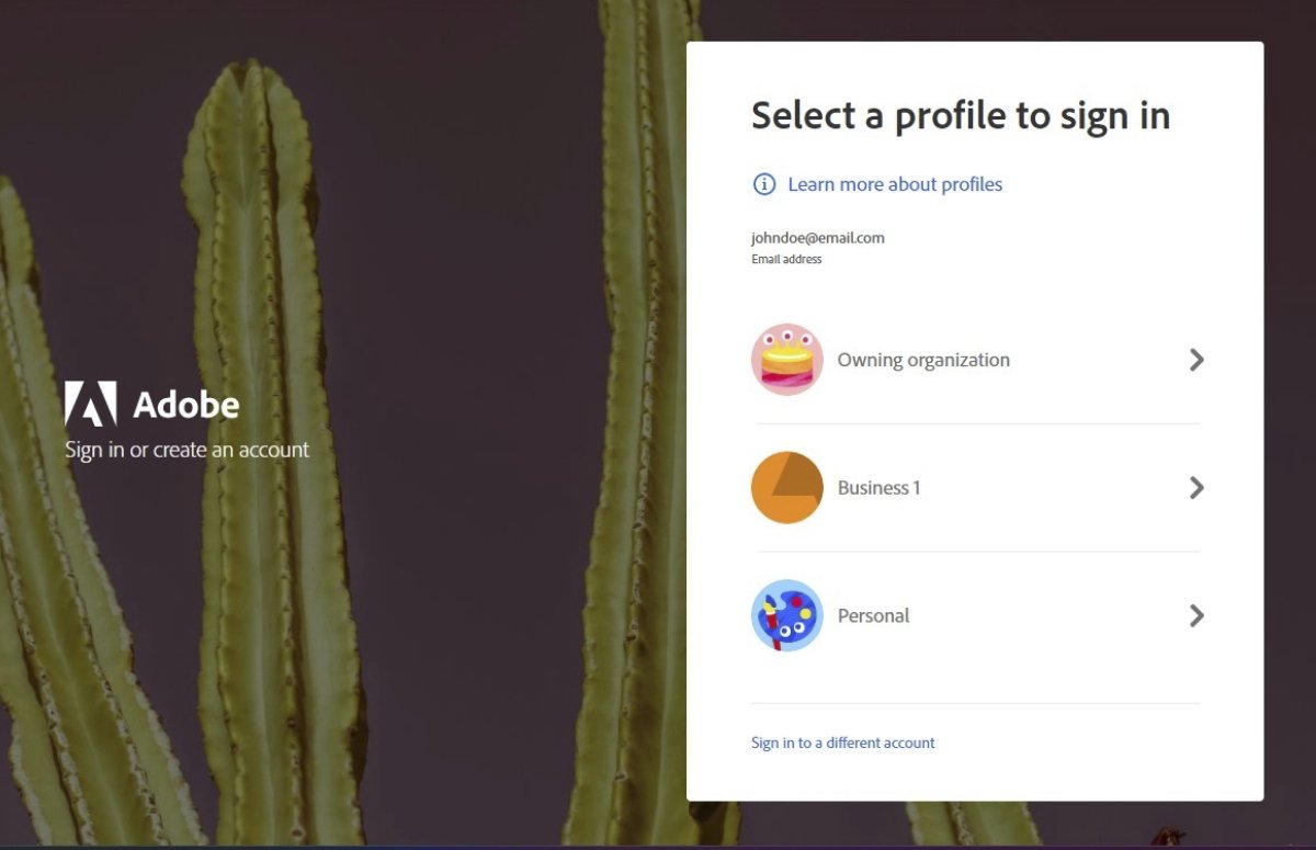 La imagen muestra la pantalla de Adobe Seleccionar un perfil para iniciar sesión con un cuadro de diálogo para seleccionar entre varias opciones de perfil