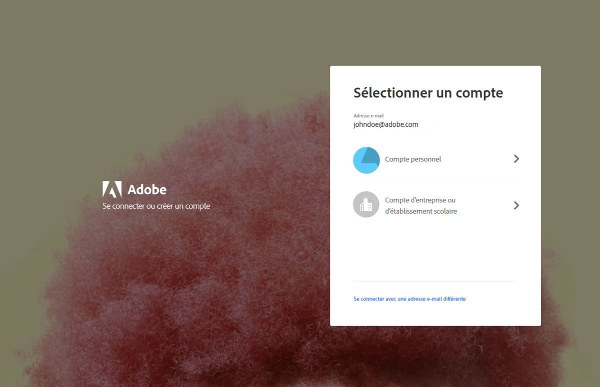 Image illustrant l’écran de sélection de compte Adobe avec une boîte de dialogue permettant de choisir entre « Compte personnel » et « Compte d’entreprise ou d’établissement scolaire ».