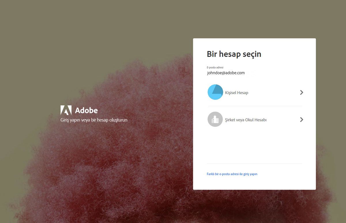 Görüntüde, Adobe Select'te “Bireysel hesap” veya “Şirket ya da okul hesabı” seçeneğinin belirlenebileceği bir iletişim kutusu bulunan hesap ekranı görünüyor.