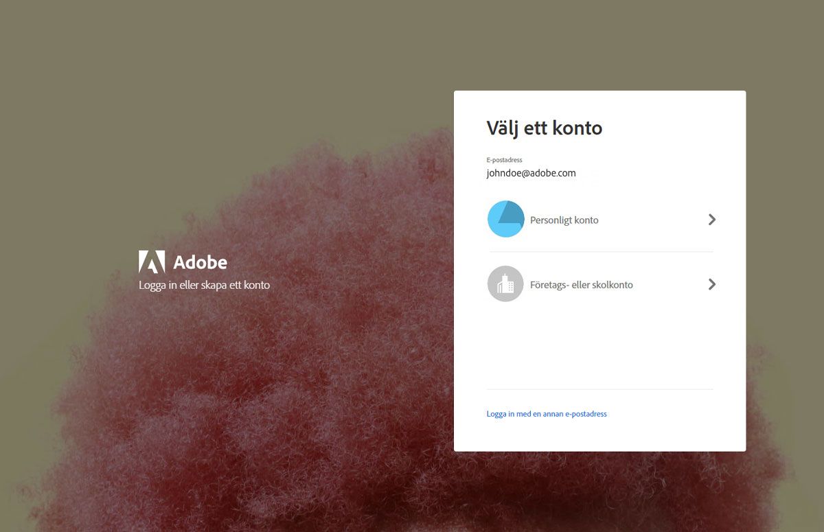 En bild som visar Adobe-skärmen Välj ett konto med en dialogruta för att välja ett Personligt konto eller ett Företags- eller skolkonto.