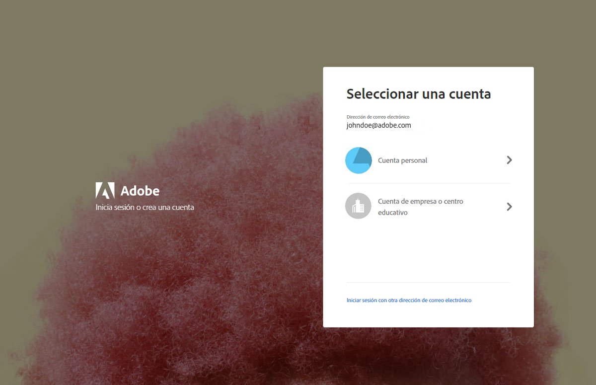 La imagen muestra la pantalla de Adobe Seleccionar una cuenta con un cuadro de diálogo para seleccionar “Cuenta personal“ o “Cuenta de empresa o del centro educativo”.