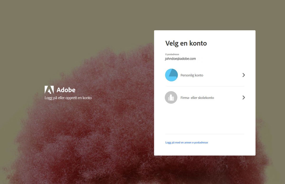 Bilde som viser Adobe-skjermbildet &quot;Velg en konto&quot;, med et dialogvindu for å velge &quot;Personlig konto&quot; eller &quot;Firma- eller skolekonto&quot;.