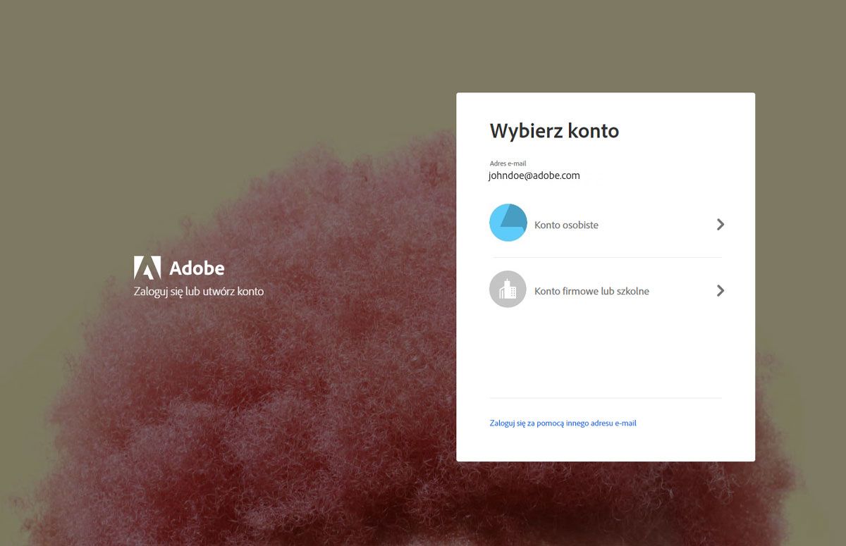 Ilustracja przedstawiająca ekran Adobe „Wybierz konto” z oknem dialogowym zawierającym do wyboru opcje „Konto osobiste” i „Konto firmowe lub szkolne”.