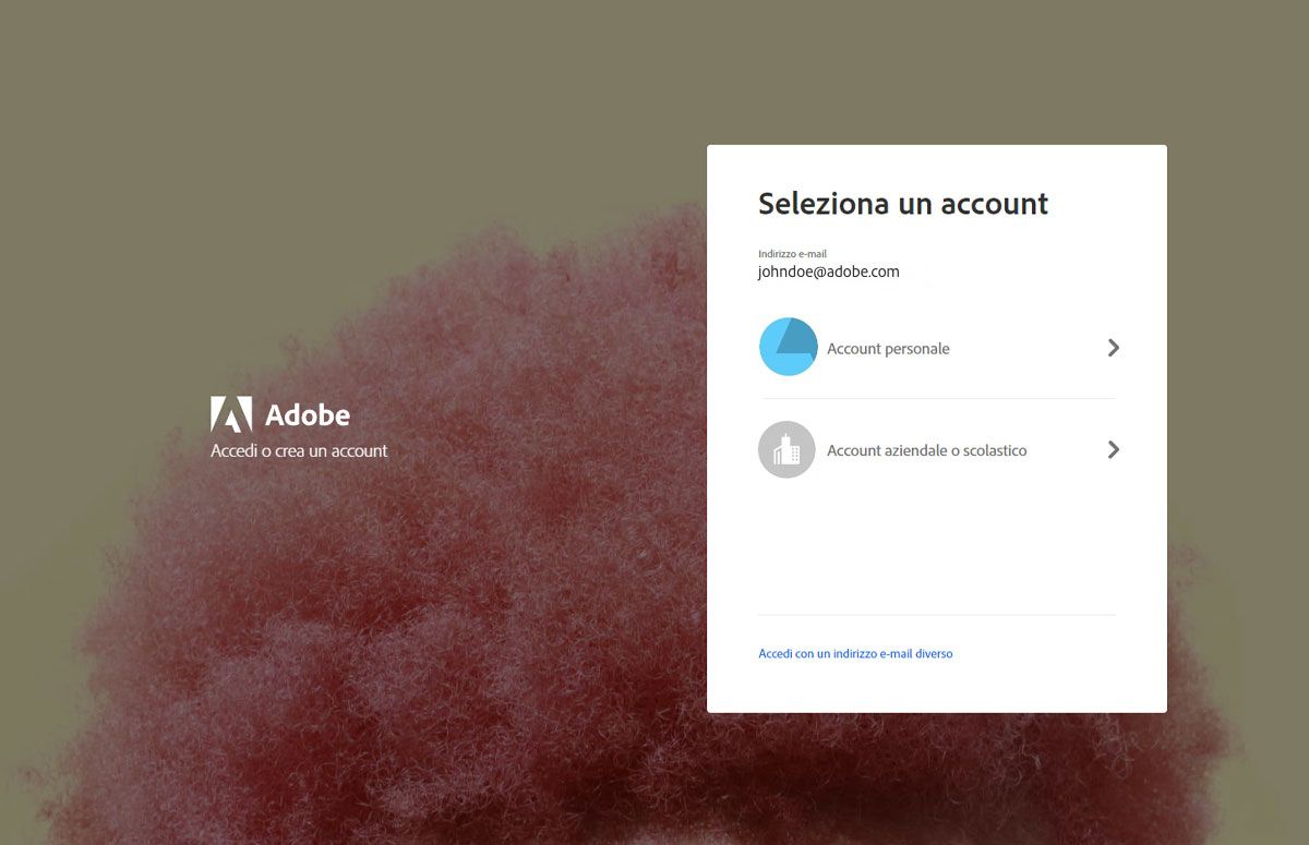 L'immagine visualizza la schermata Seleziona un account Adobe con una finestra di dialogo per selezionare “Account personale” o “Account aziendale o scolastico”.