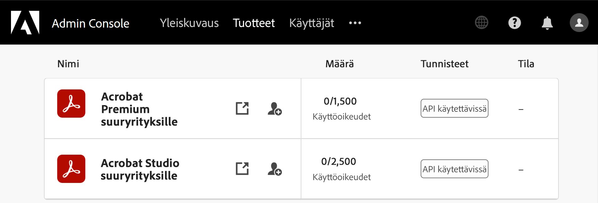Acrobat Admin Console -sivulla näkyvät Acrobat Premium for Enterprise- ja Acrobat Studio for Enterprise -lisenssit 
