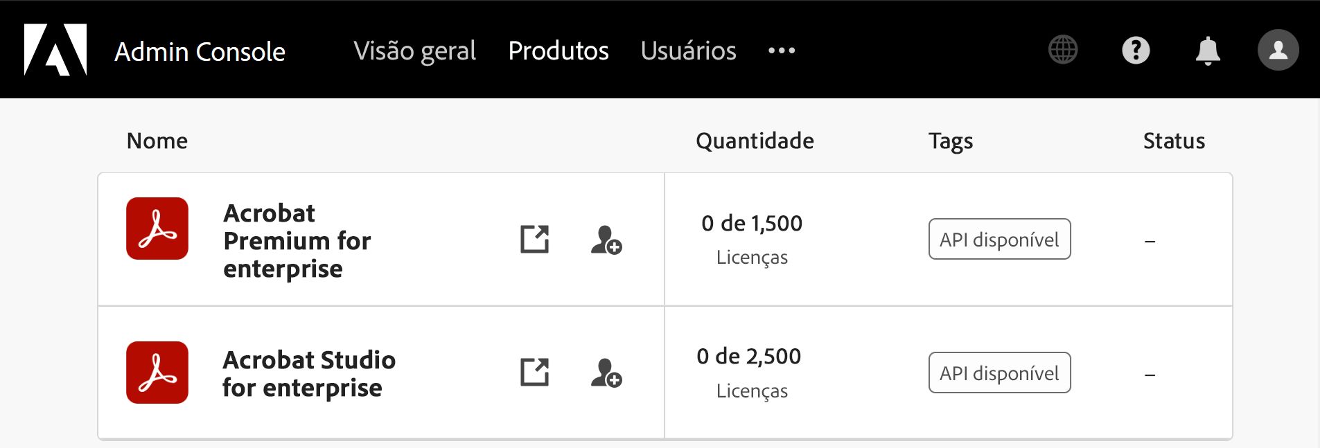 A página do Adobe Admin Console exibindo as listas do Acrobat Premium para empresas e do Acrobat Studio para empresas 