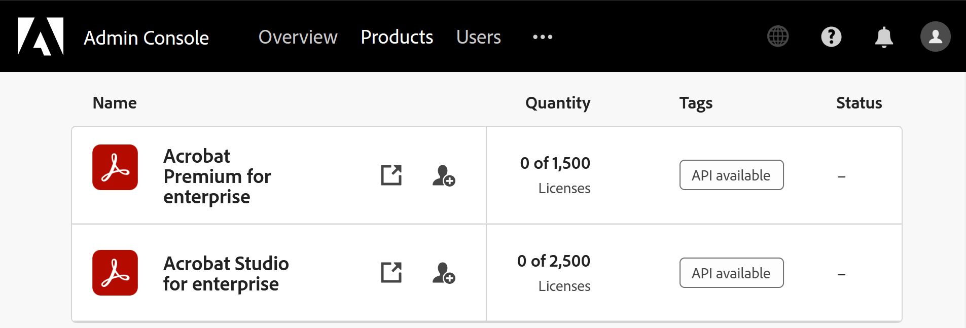 Adobe Admin Console-siden viser oppføring for Acrobat Premium for enterprise og Acrobat Studio for enterprise 