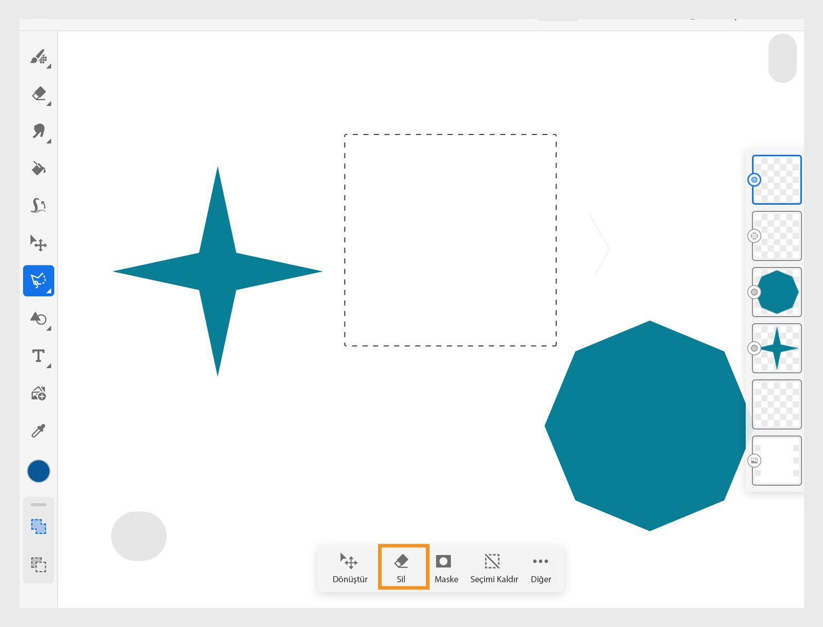Tuvalda bir yıldız, çokgen ve kare seçim var ve Sil seçeneği vurgulanmış.