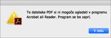 Napaka Ogled PDF datoteke ni možen v programu Acrobat ali Reader