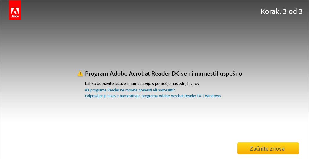 Napaka med namestitvijo iz središča za prenos programa Reader