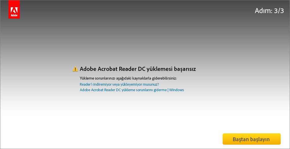 Acrobat Reader Yükleme Merkezi'nden yükleme sırasında hata oluştu