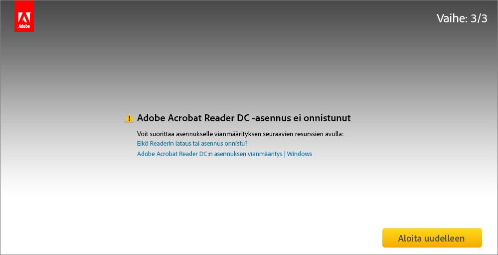 Virhe asennettaessa Acrobat Readerin latauskeskuksesta