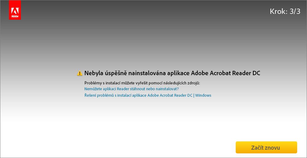 Chyba při instalaci z centra pro stahování aplikace Acrobat Reader