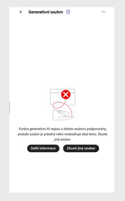 Chybová zpráva, která se zobrazí, když AI Asistent nemůže zpracovat soubor PDF