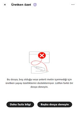 Yapay Zeka Asistanı bir PDF'yi işleyemediğinde bir hata mesajı görüntülenir