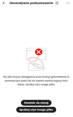 Komunikat błędu wyświetlany w przypadku, gdy Asystent SI nie może przetworzyć pliku PDF