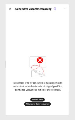 Eine Fehlermeldung wird angezeigt, wenn der KI-Assistent eine PDF-Datei nicht verarbeiten kann.