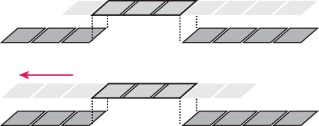 Dans cet exemple de montage par déplacement dessous, un élément est déplacé vers la gauche, ce qui décale ses points d’entrée et de sortie source en avant dans la chronologie.