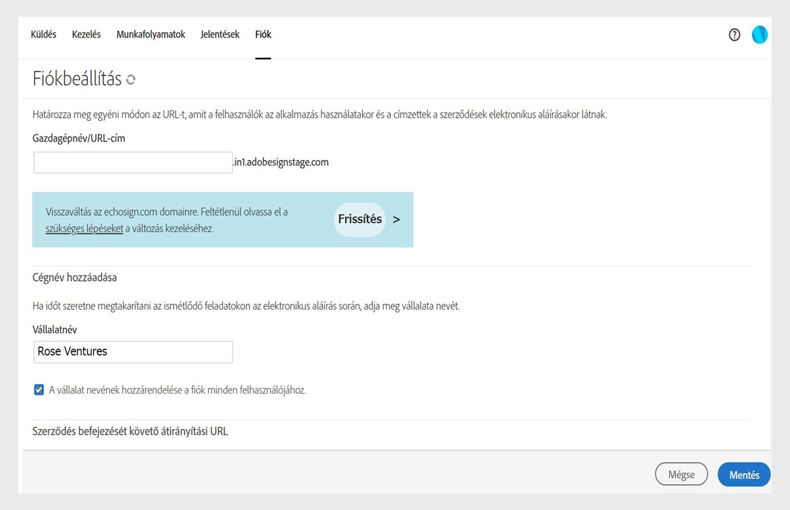 Az Acrobat Sign Fiók létrehozása oldal a cégnevek hozzáadásának lehetőségét mutatja a „Cégnév” mezővel és a Mentés gombbal.