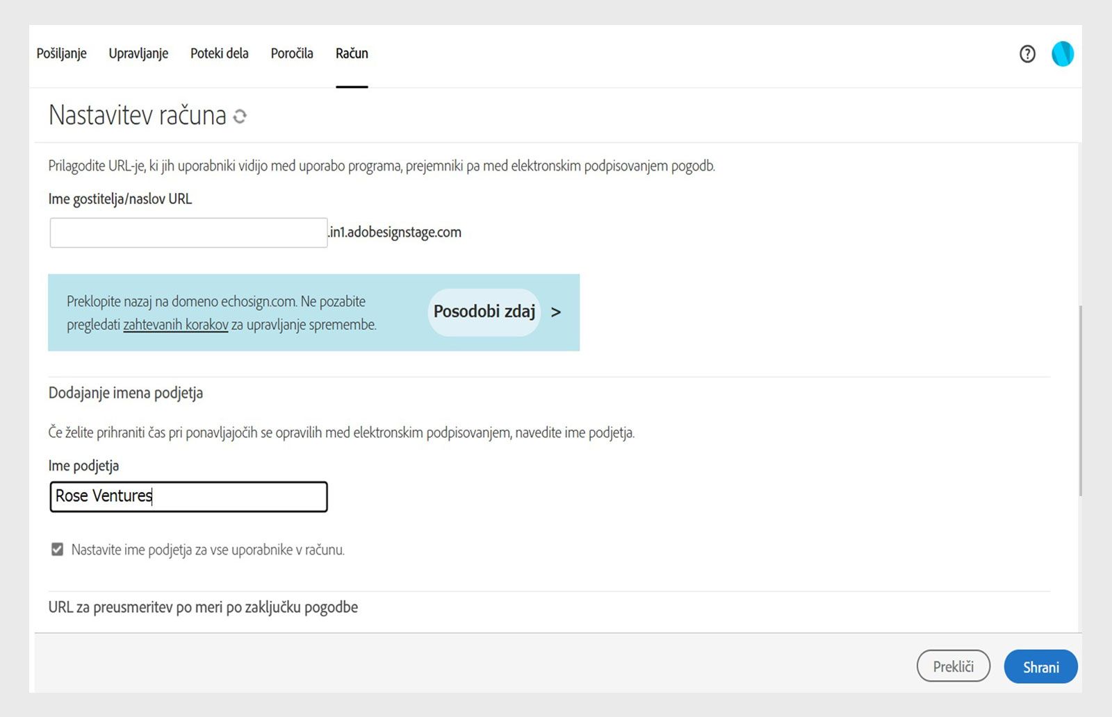 Na strani za nastavitev računa Acrobat Sign so prikazane možnosti za dodajanje imen podjetij s poljem »Ime podjetja« in gumbom Shrani.