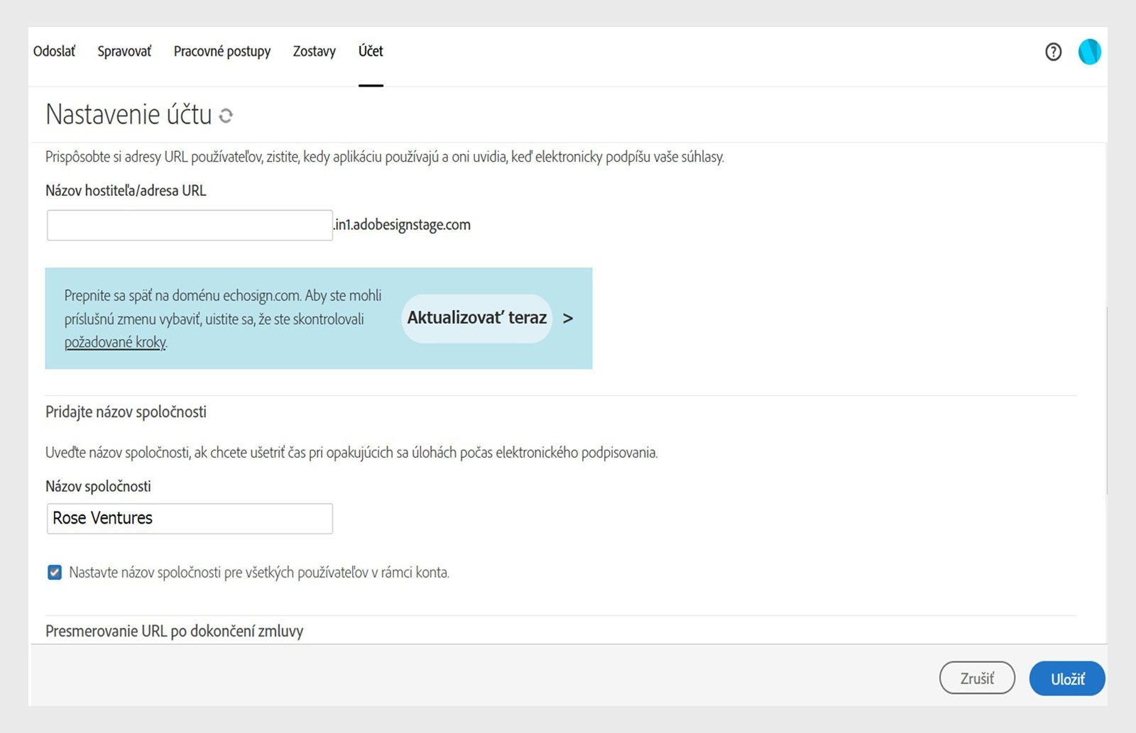 Stránka Nastavenie účtu Acrobat Sign zobrazuje možnosti Pridať názvy spoločností pomocous poľaom „Názov spoločnosti“ a tlačidlaom Uložiť.