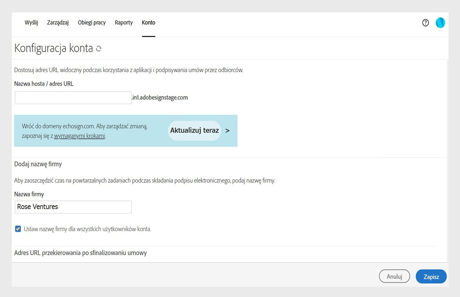 Strona konfiguracji konta Acrobat Sign zawiera opcje dodawania nazw firm za pomocą pola „Nazwa firmy” i przycisku Zapisz.
