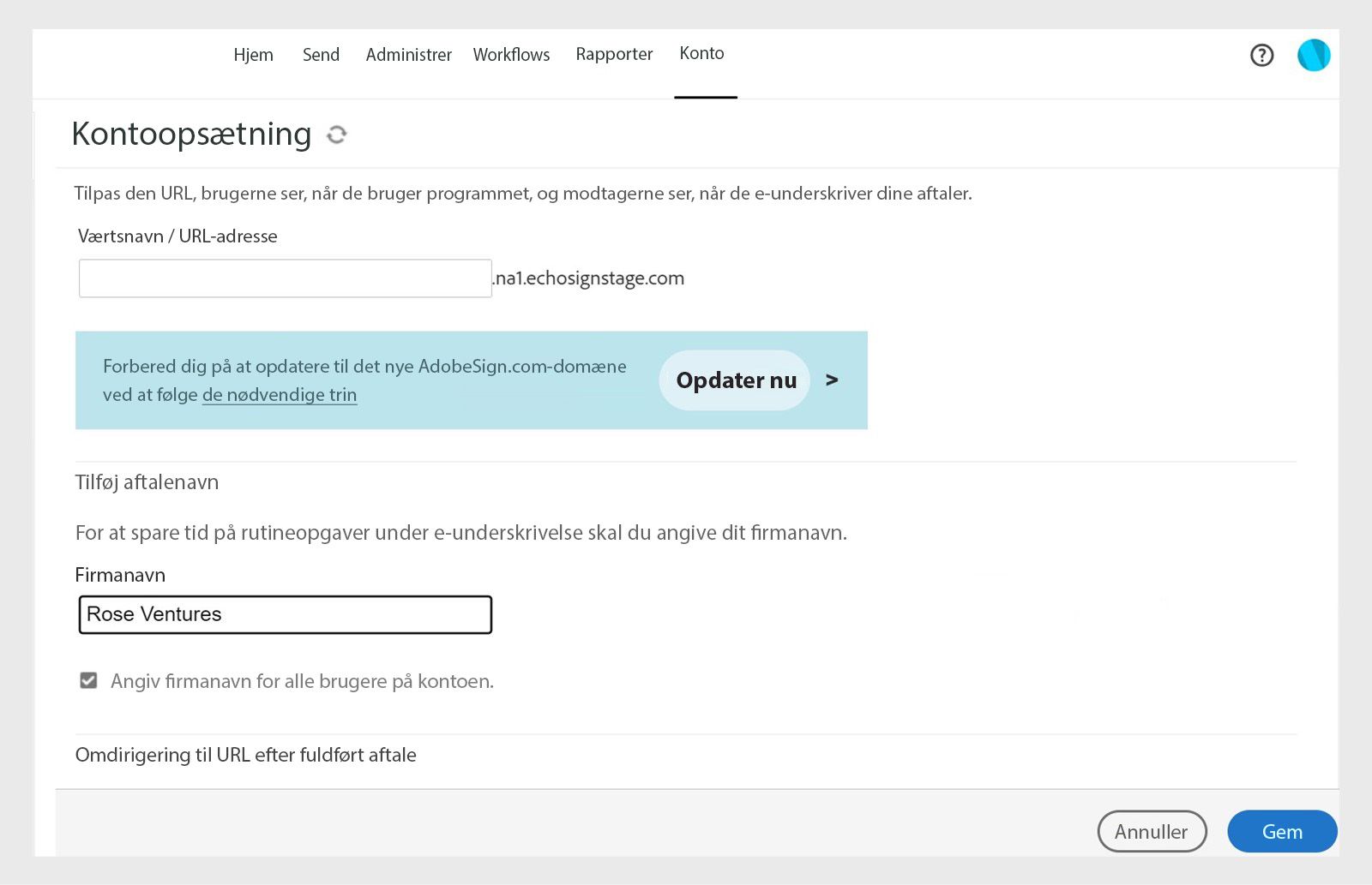 Siden Kontoopsætning i Acrobat Sign viser indstillinger for at tilføje firmanavne med feltet &quot;Firmanavn&quot; og knappen Gem.