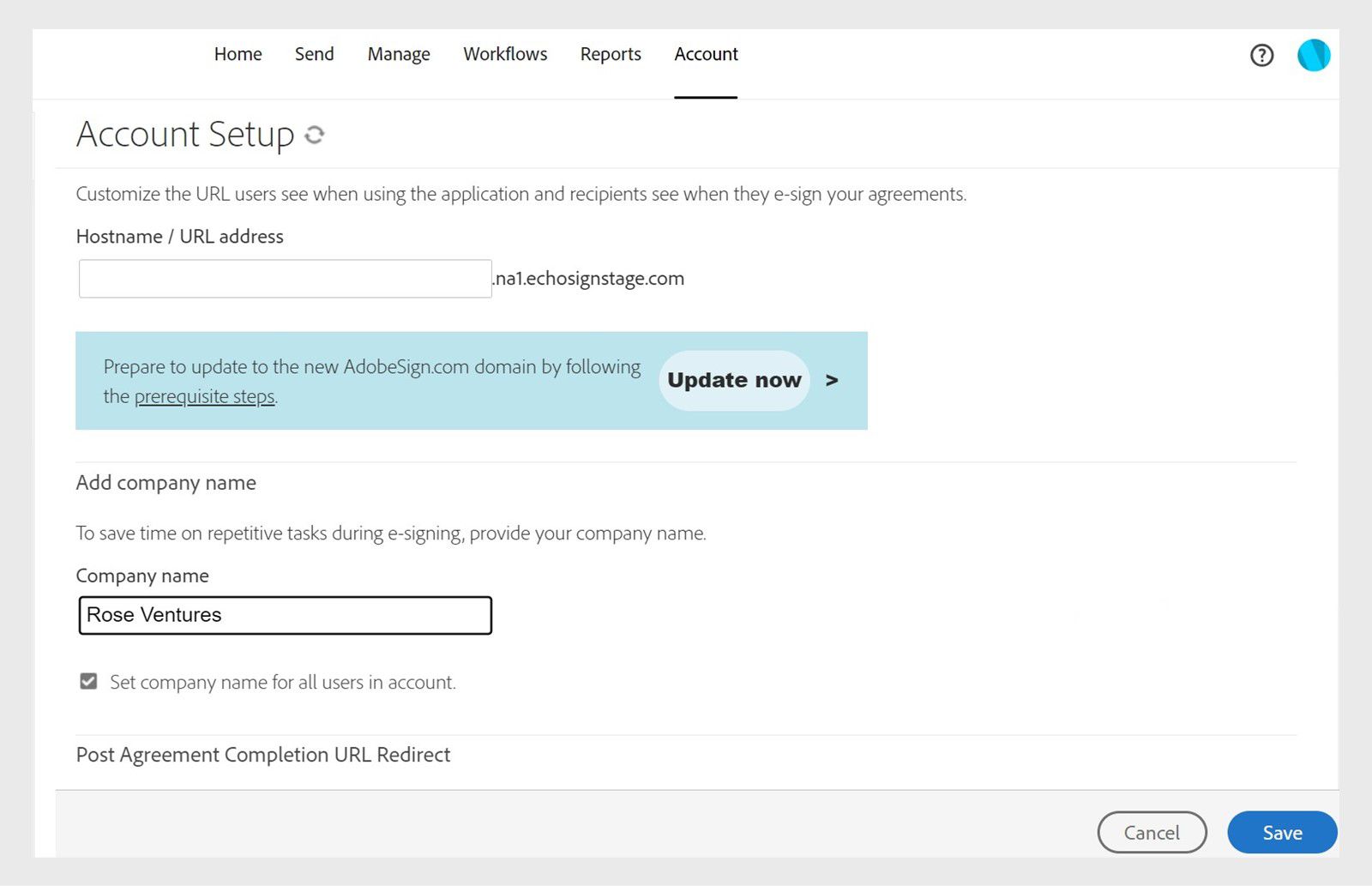 Ang Acrobat Sign Account Setup page ay nagpapakita ng mga option na Add company names na may 'Company name' field at Save button.