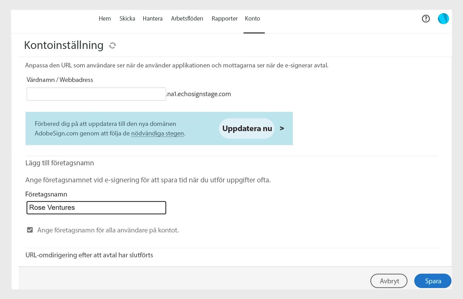 Sidan kontokonfiguration för Acrobat Sign visar alternativ för att lägga till företagsnamn med fältet ”Företagsnamn” och sedan knappen Spara.
