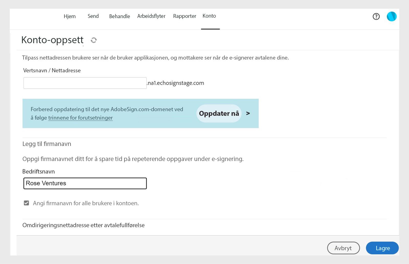 Kontooppsettsiden i Acrobat Sign viser alternativer for å legge til firmanavn med et «Firmanavn»-felt og Lagre-knapp.
