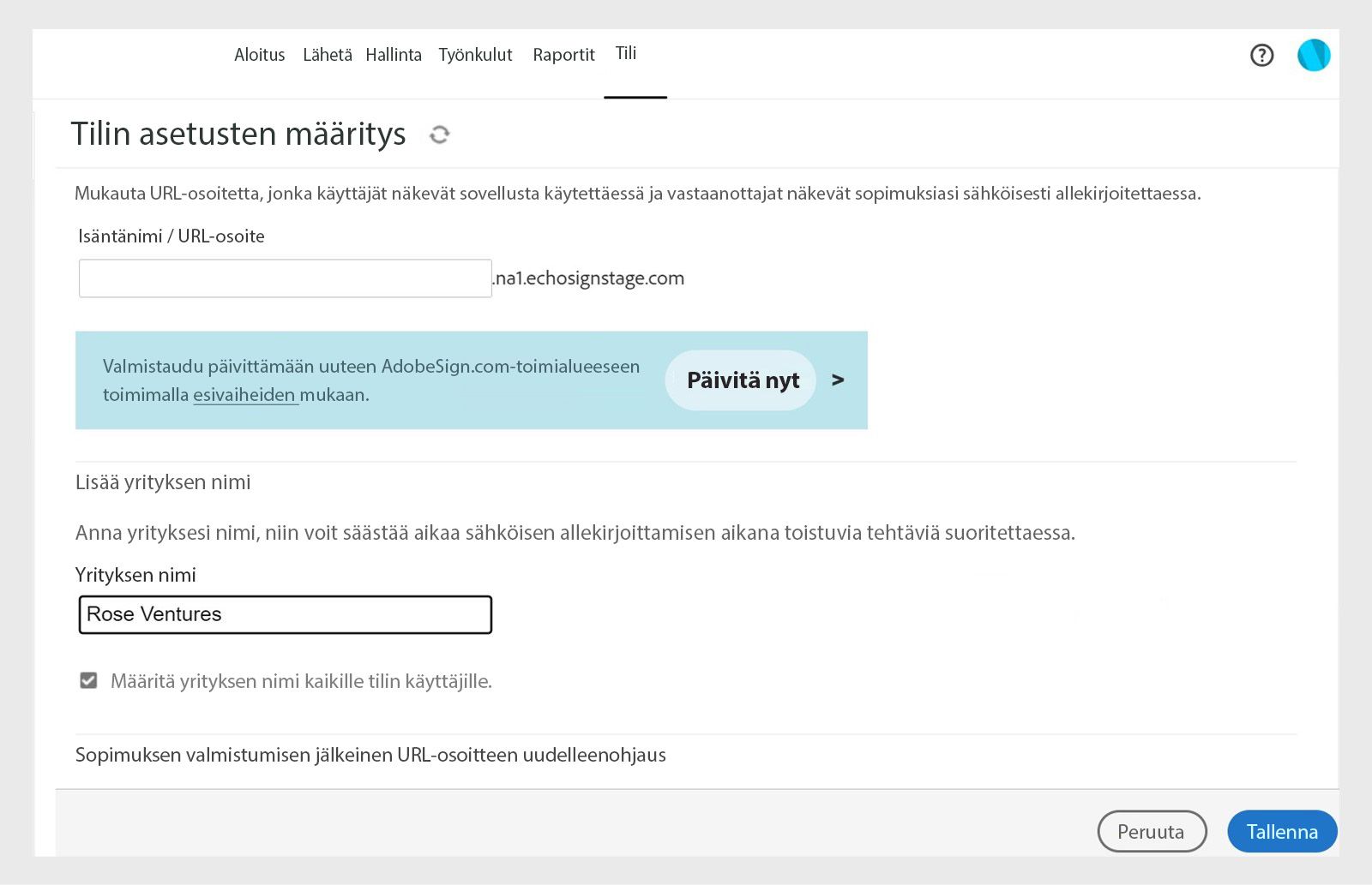 Acrobat Signin tilin käyttöönottosivulla on vaihtoehdot yritysten nimien lisäämiseksi, Yrityksen nimi -kenttä sekä Tallenna-painike.